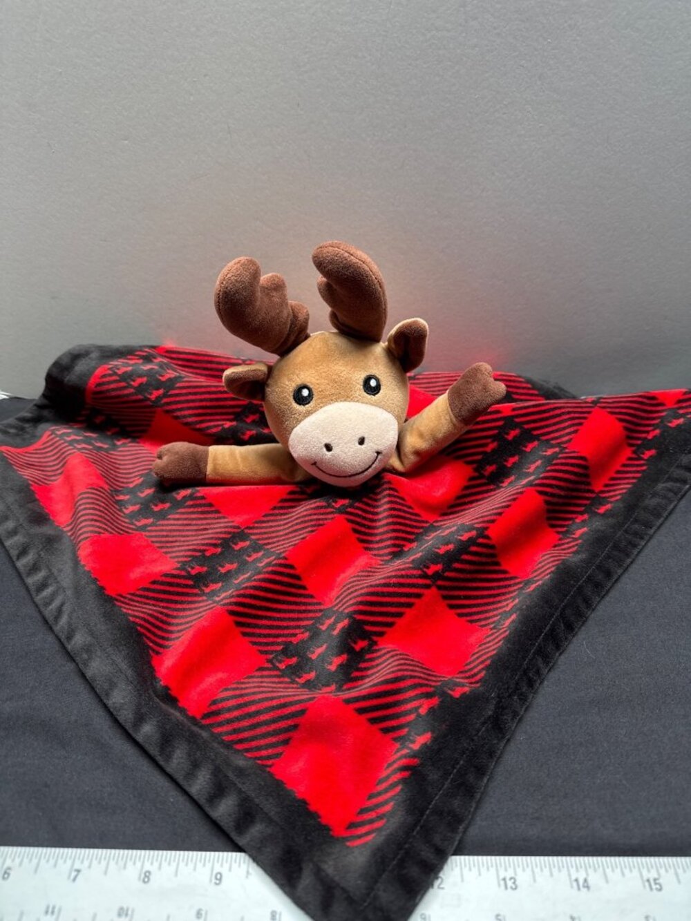 Moose Plush Baby Security Blanket With Red & Black Buffalo Plaid & Winter-Themed
